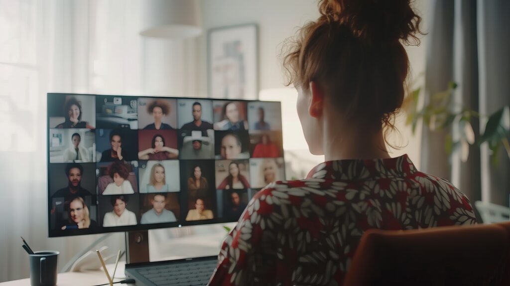 A remote team in a virtual meeting, smiling and collaborating, symbolizing employee engagement in a modern workplace.