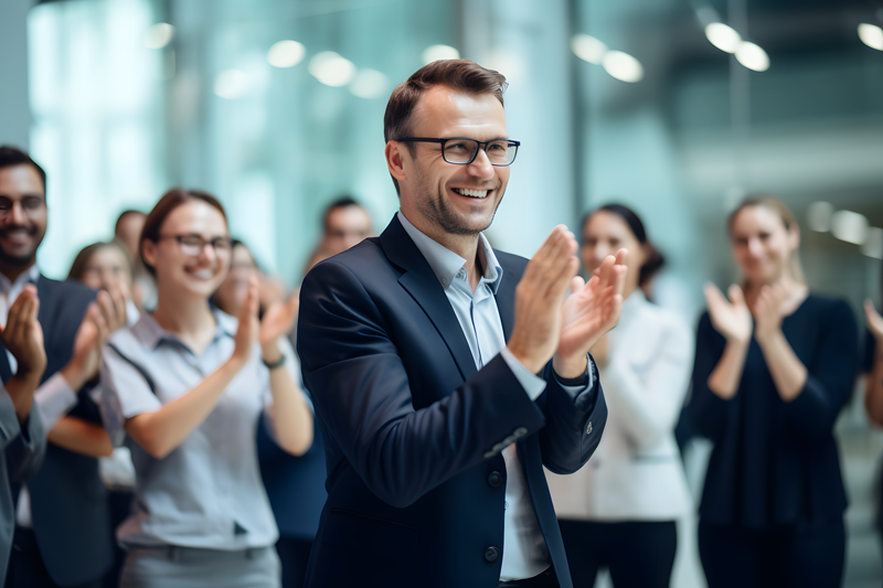 A team of employees celebrating and receiving rewards for achievements.