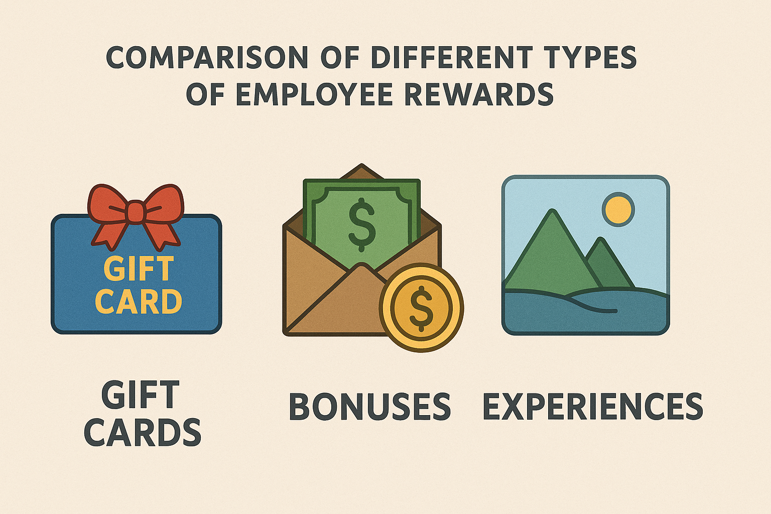 Comparison of different types of employee rewards including gift cards, bonuses, and experiences."