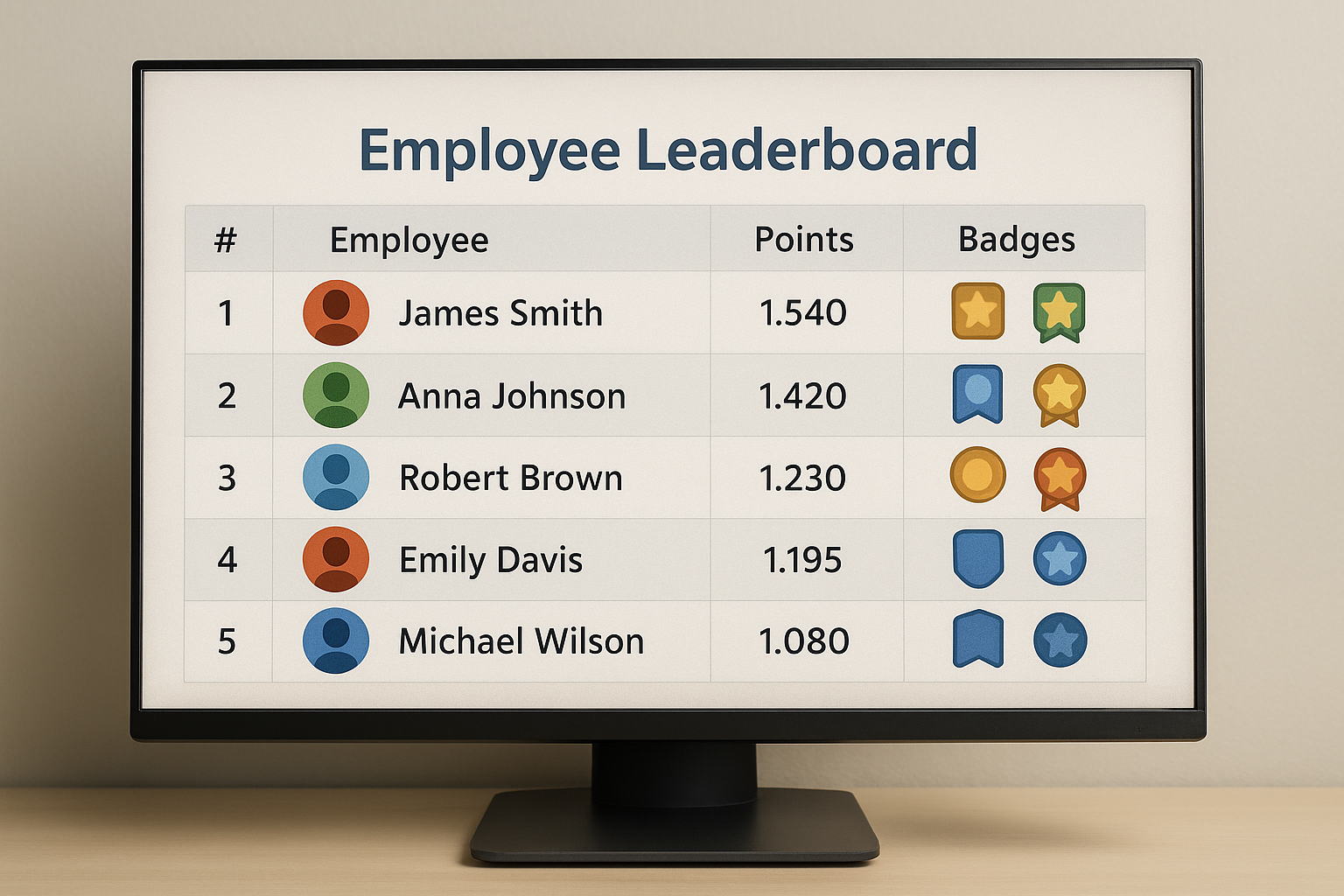 A digital recognition program showing gamified elements such as badges and point tracking.