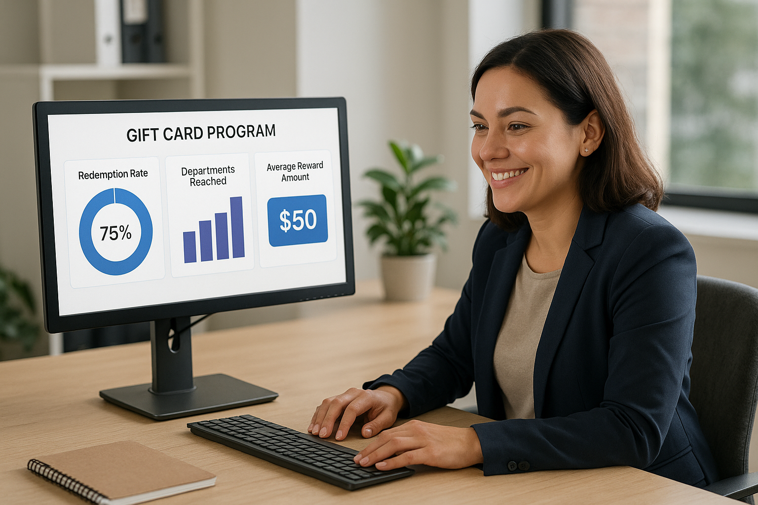 HR manager reviewing gift card program analytics dashboard on a computer