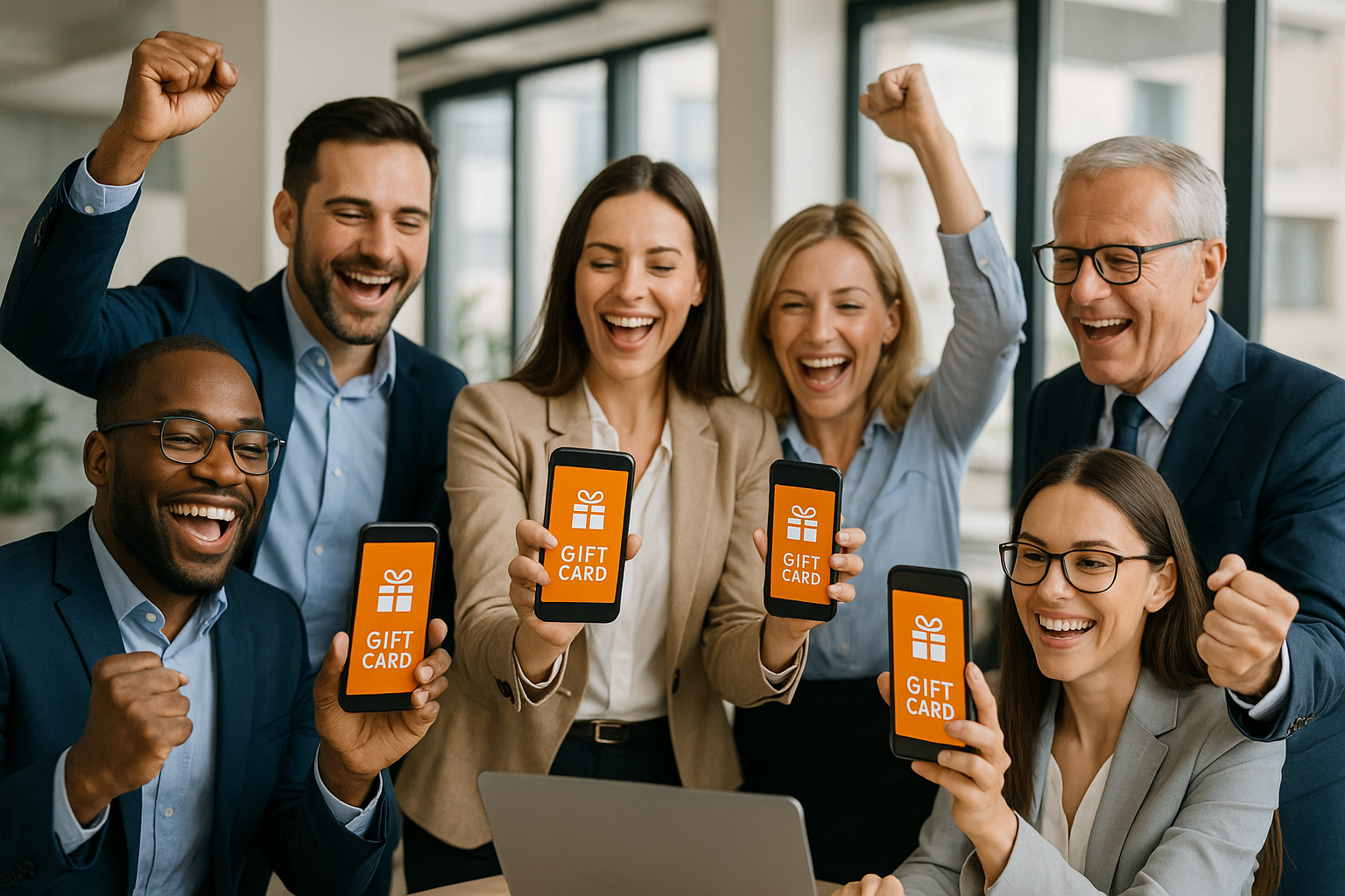 A corporate team celebrating achievements with digital gift cards.
