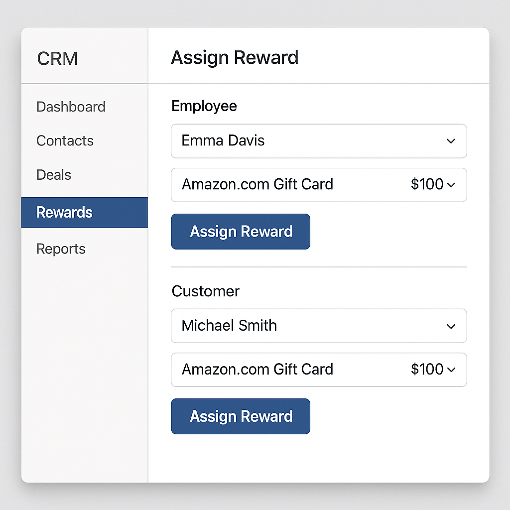 Admin distributing gift cards to both employees and customers from a unified portal.