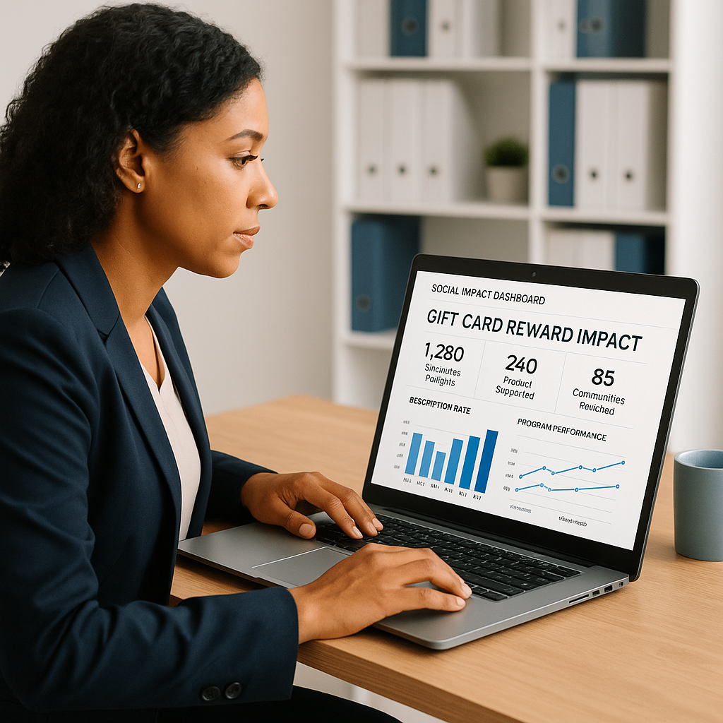 A nonprofit admin tracks gift card distribution and redemptions through a rewards dashboard.