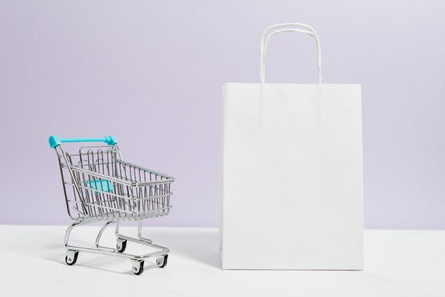 A small shopping cart next to a small white bag