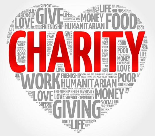 A heart that’s made up of a word cloud of terms related to charity gift cards