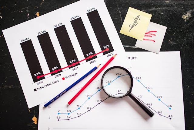 A magnifying glass on paper showing market research platform data