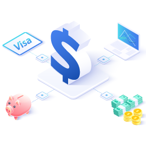 Money, a piggy bank, and a Visa card on a network symbolizing virtual incentives