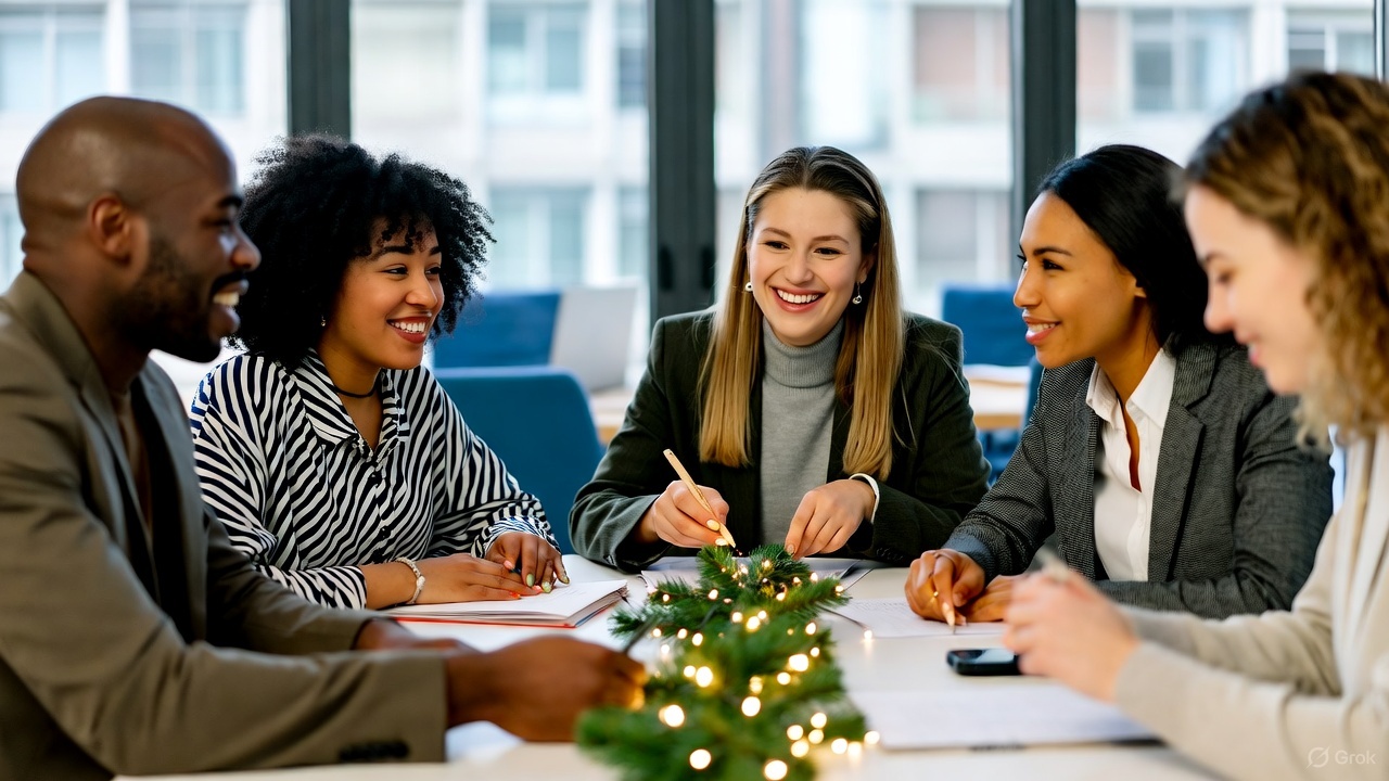 Diverse HR team celebrating year-end recognition with data-driven planning